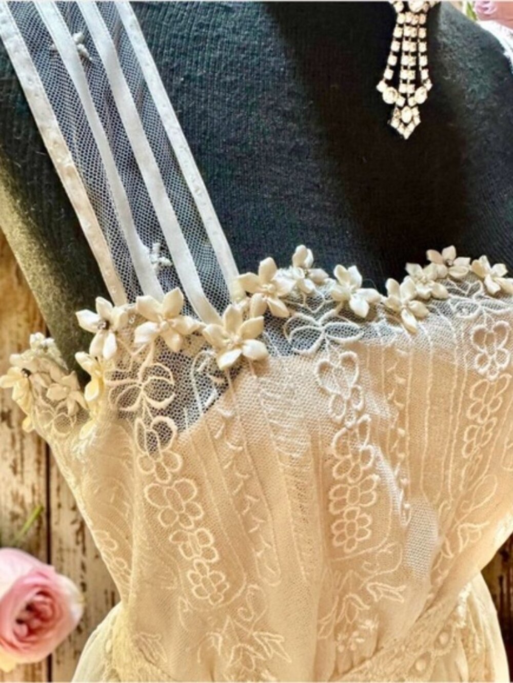 Romantic Cream Lace Bridal Gown with Sheer Overlay - Picture 2 of 8